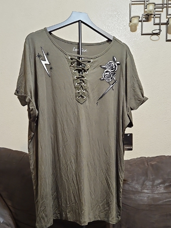 torrid Tops - torrid Olive Lace-Up Tunic with Floral & Lightning Embroidery